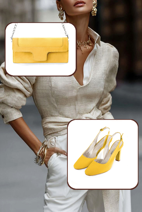 Dress slingback heels in yellow with kitten heels and round toe - Worn view